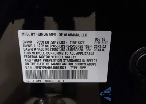 2018 Honda Pilot Touring from USA, damaged, VIN 5FNYF6H93JB063572